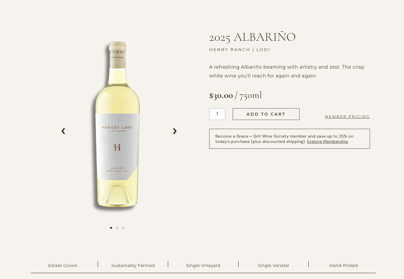 Main product page top section showing 2025 Albarino with pricing and add to cart