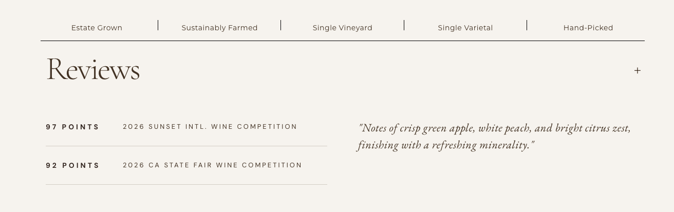 Value point badges plus expandable Reviews section with competition scores and tasting notes